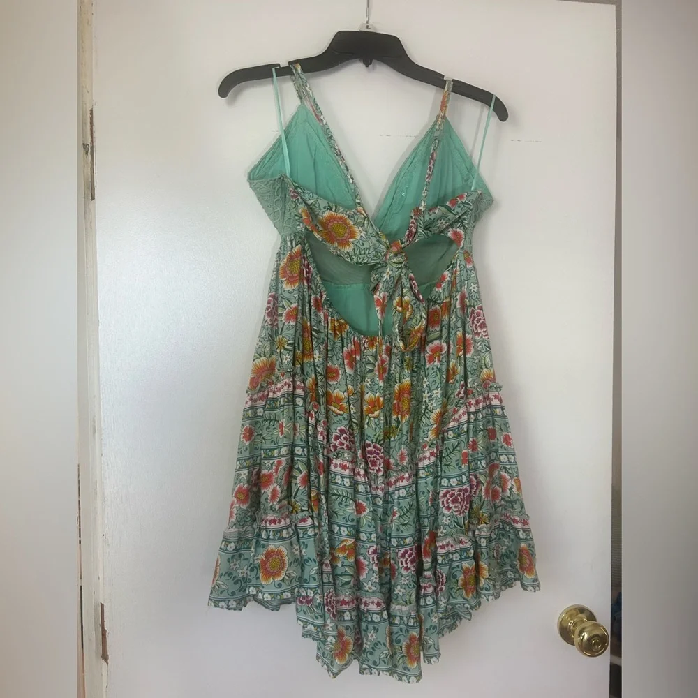 Floral Lace Trim Mini Dress in Aqua - Picture 4 of 5